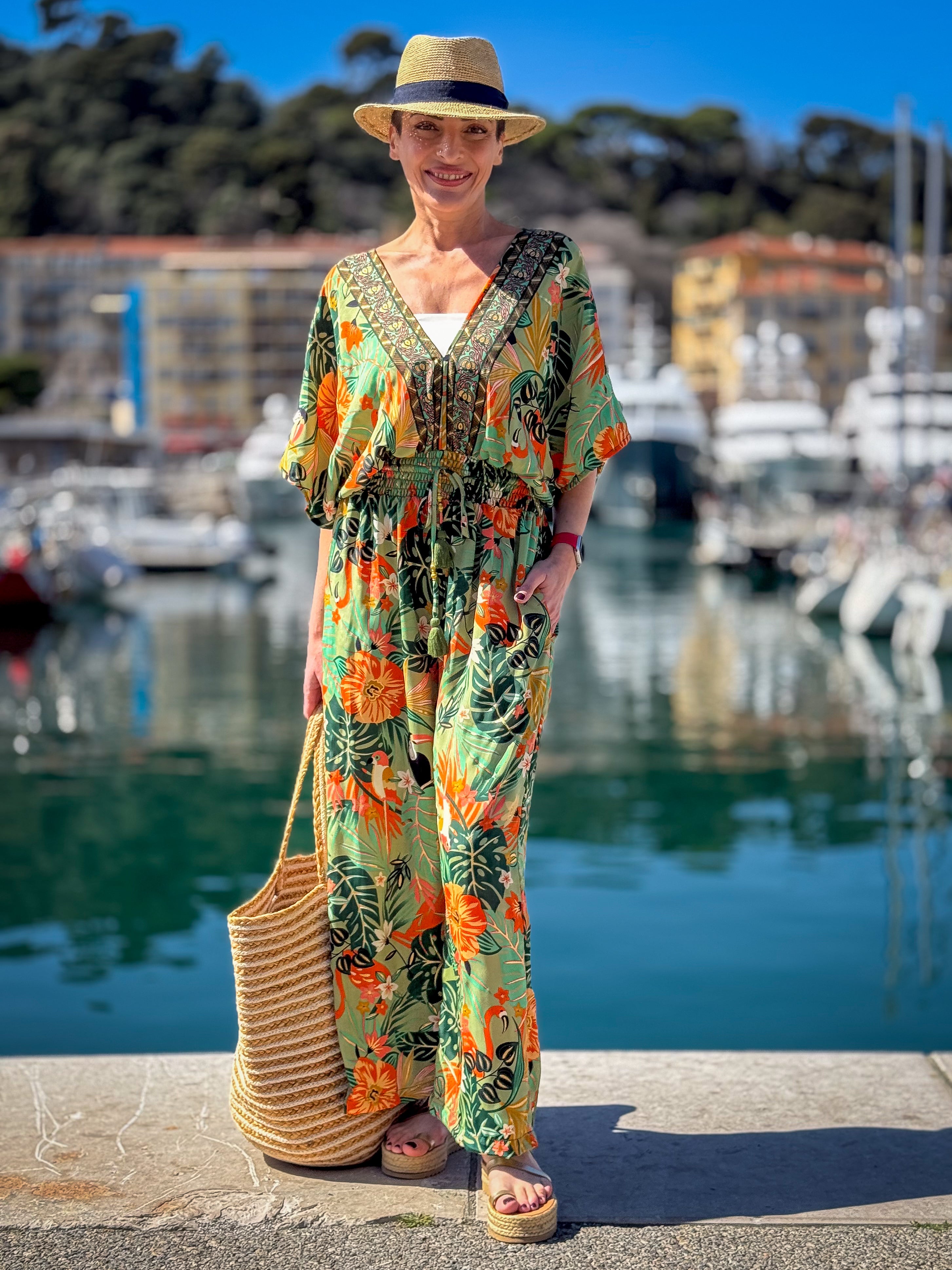 Women’s Silk Jumpsuit – Sleeveless – V-Neck Front and Back – Side Pockets – Boho Chic Summer Style