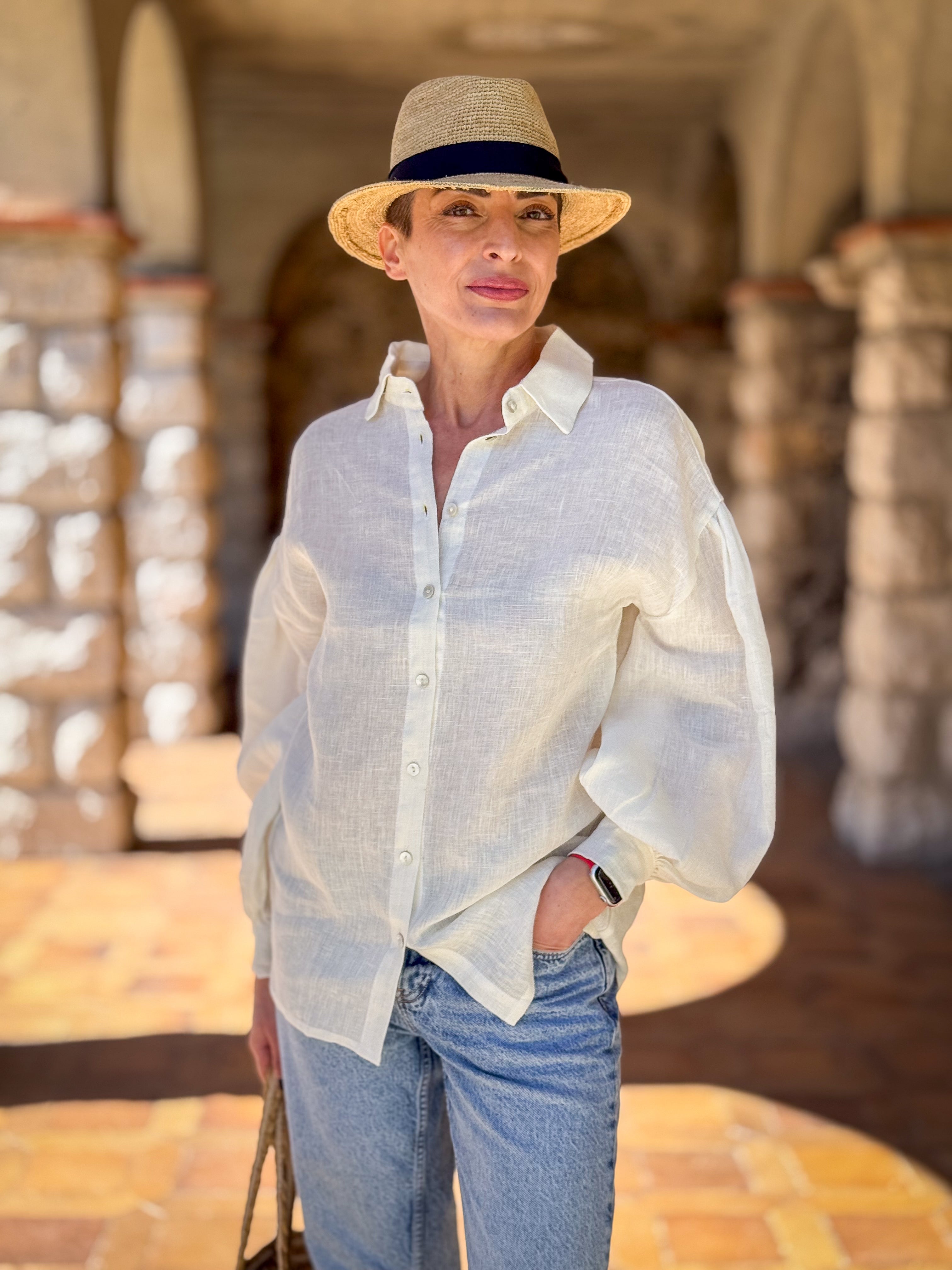 Loose-fit 100% Linen Blouse with Balloon Sleeves - Button-up Shirt - Buttoned Blouse - Long-Sleeve Shirt - Vintage Blouse