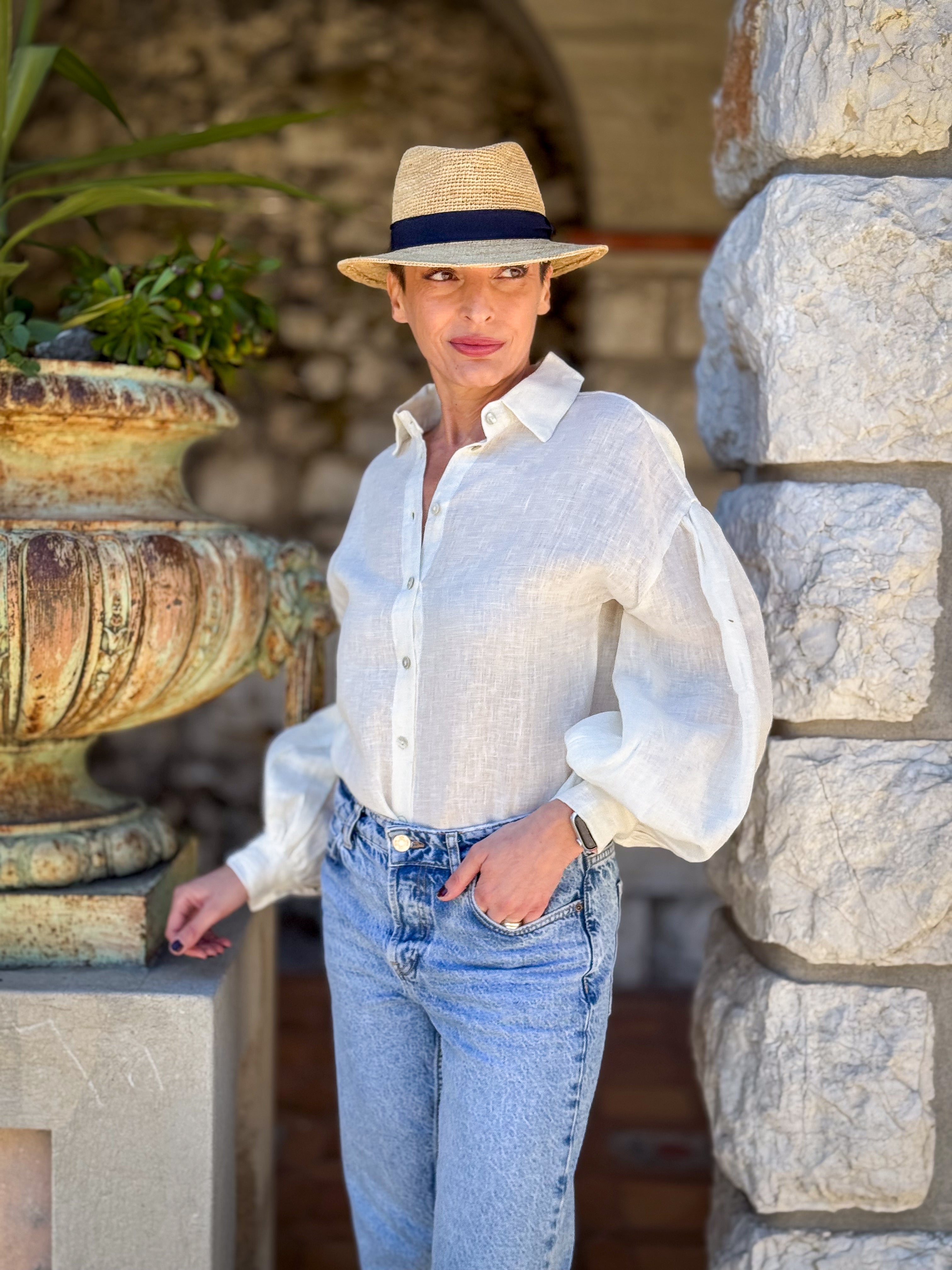 Loose-fit 100% Linen Blouse with Balloon Sleeves - Button-up Shirt - Buttoned Blouse - Long-Sleeve Shirt - Vintage Blouse
