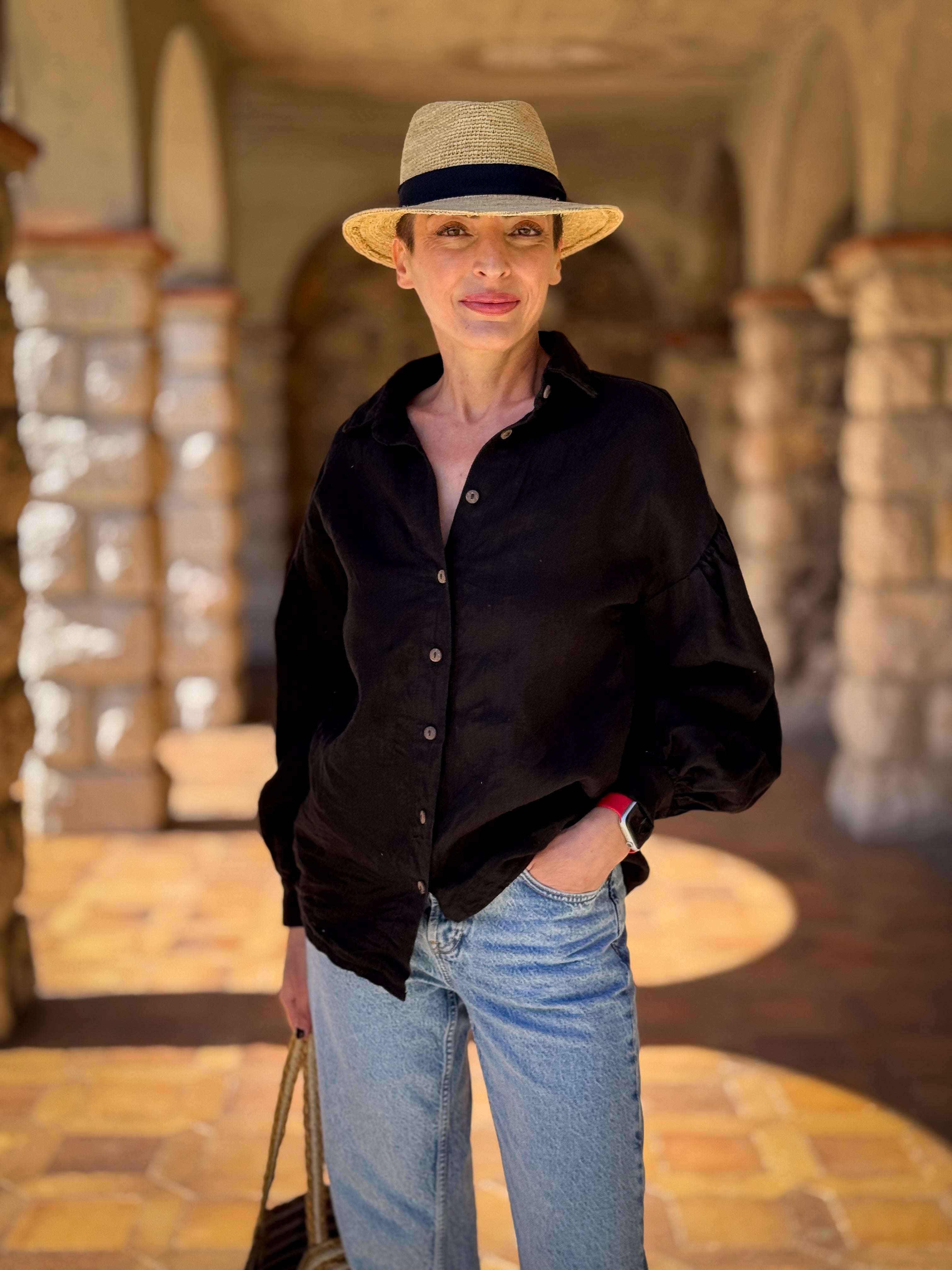 Loose-fit 100% Linen Blouse with Balloon Sleeves - Button-up Shirt - Buttoned Blouse - Long-Sleeve Shirt - Vintage Blouse