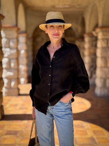 Loose-fit 100% Linen Blouse with Balloon Sleeves - Button-up Shirt - Buttoned Blouse - Long-Sleeve Shirt - Vintage Blouse