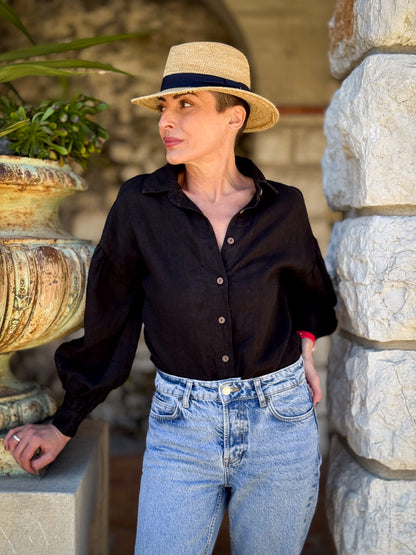 Loose-fit 100% Linen Blouse with Balloon Sleeves - Button-up Shirt - Buttoned Blouse - Long-Sleeve Shirt - Vintage Blouse