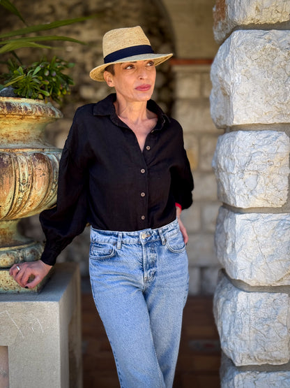 Loose-fit 100% Linen Blouse with Balloon Sleeves - Button-up Shirt - Buttoned Blouse - Long-Sleeve Shirt - Vintage Blouse