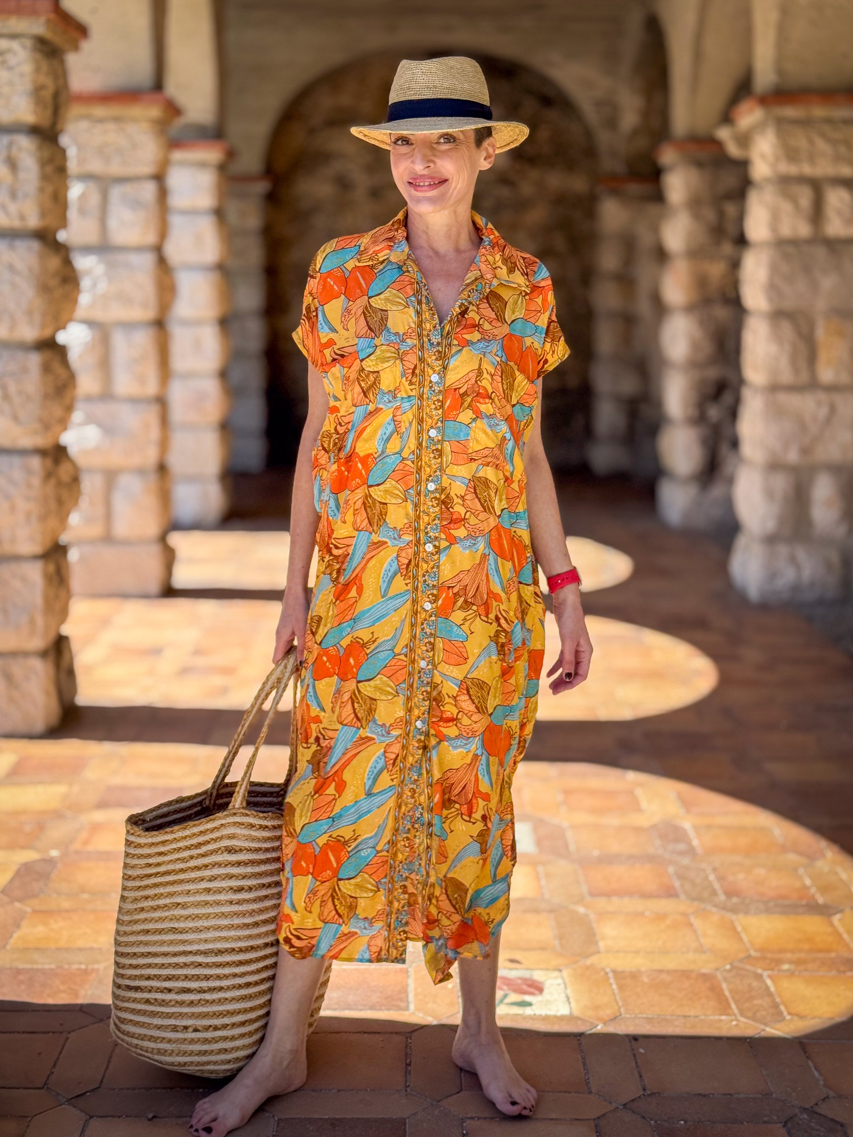 Long silk shirt dress – Short sleeve shirt dress – Vintage-inspired shirt dress – Flowy summer dress in boho chic style