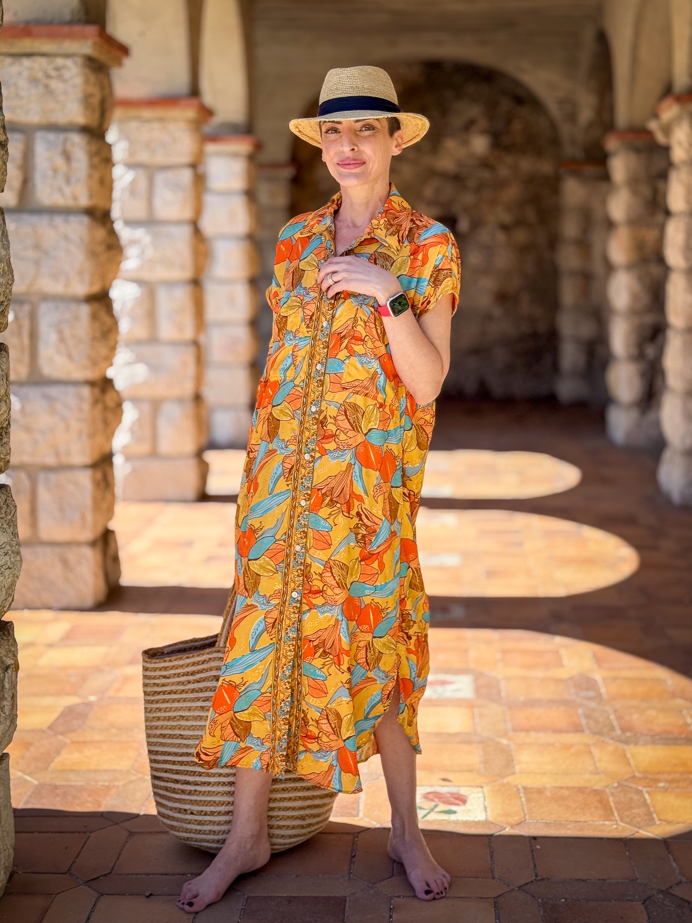 Long silk shirt dress – Short sleeve shirt dress – Vintage-inspired shirt dress – Flowy summer dress in boho chic style