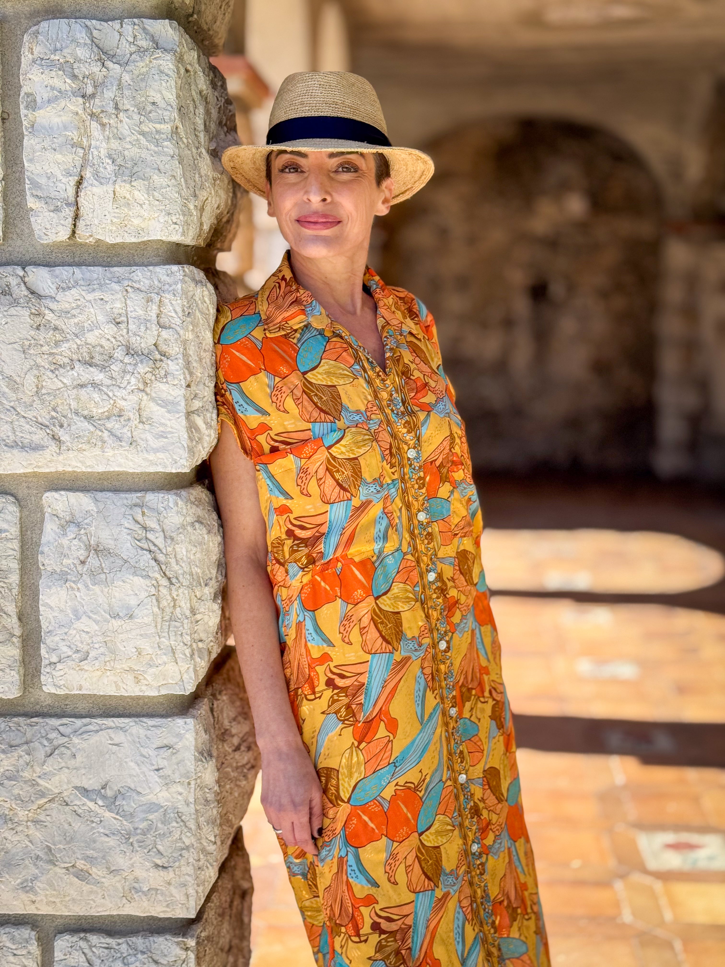 Long silk shirt dress – Short sleeve shirt dress – Vintage-inspired shirt dress – Flowy summer dress in boho chic style