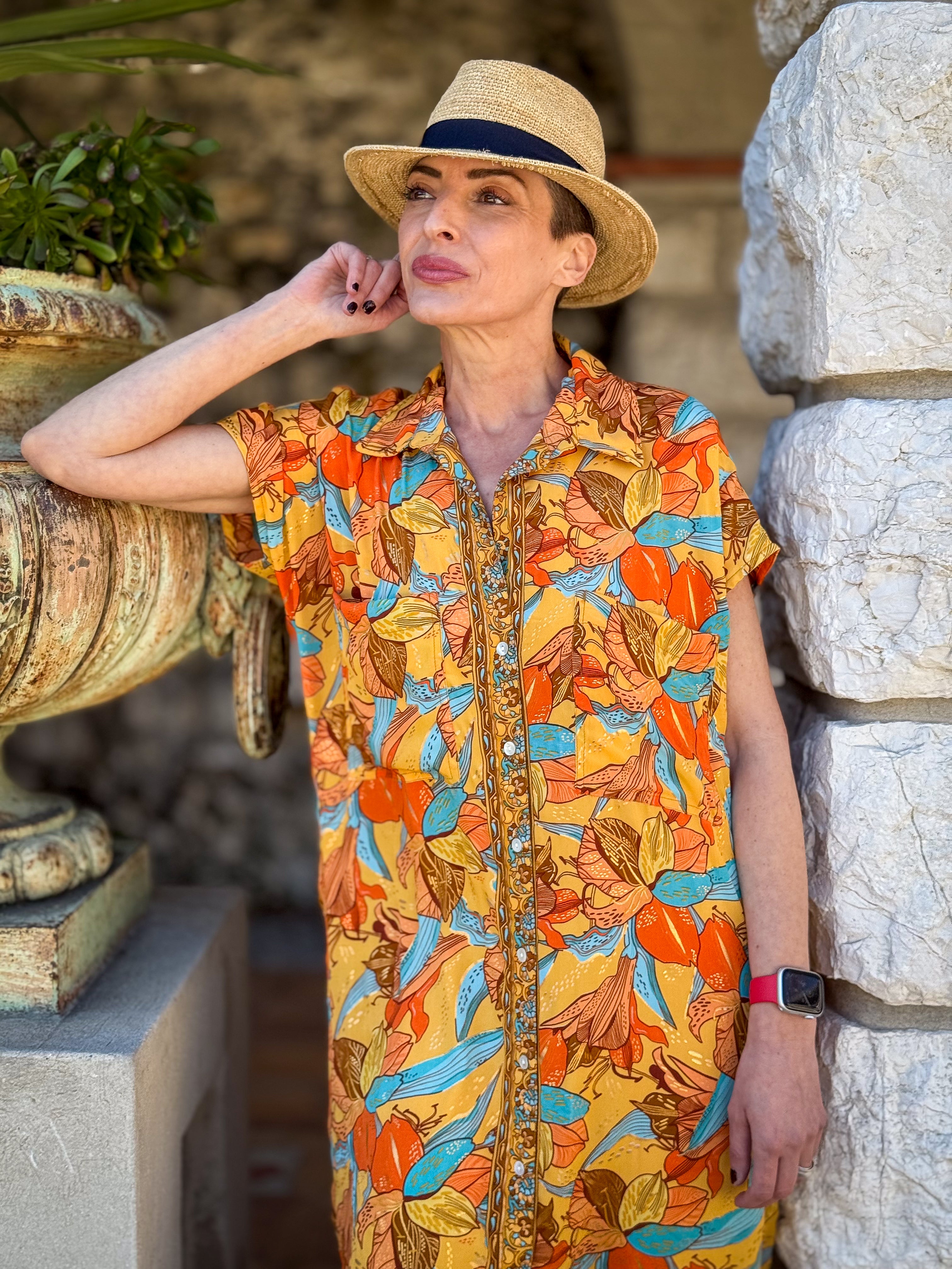 Long silk shirt dress – Short sleeve shirt dress – Vintage-inspired shirt dress – Flowy summer dress in boho chic style