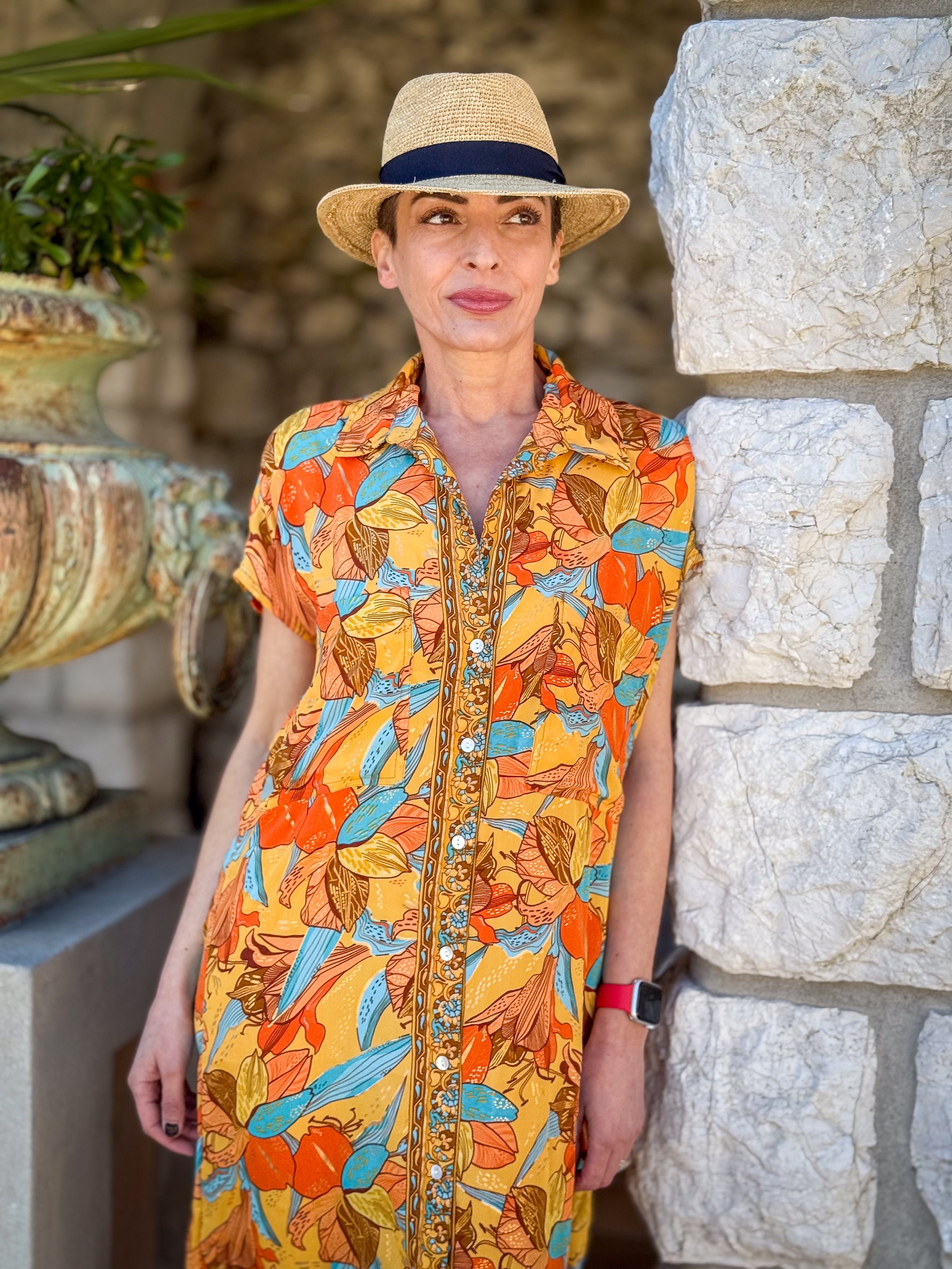 Long silk shirt dress – Short sleeve shirt dress – Vintage-inspired shirt dress – Flowy summer dress in boho chic style