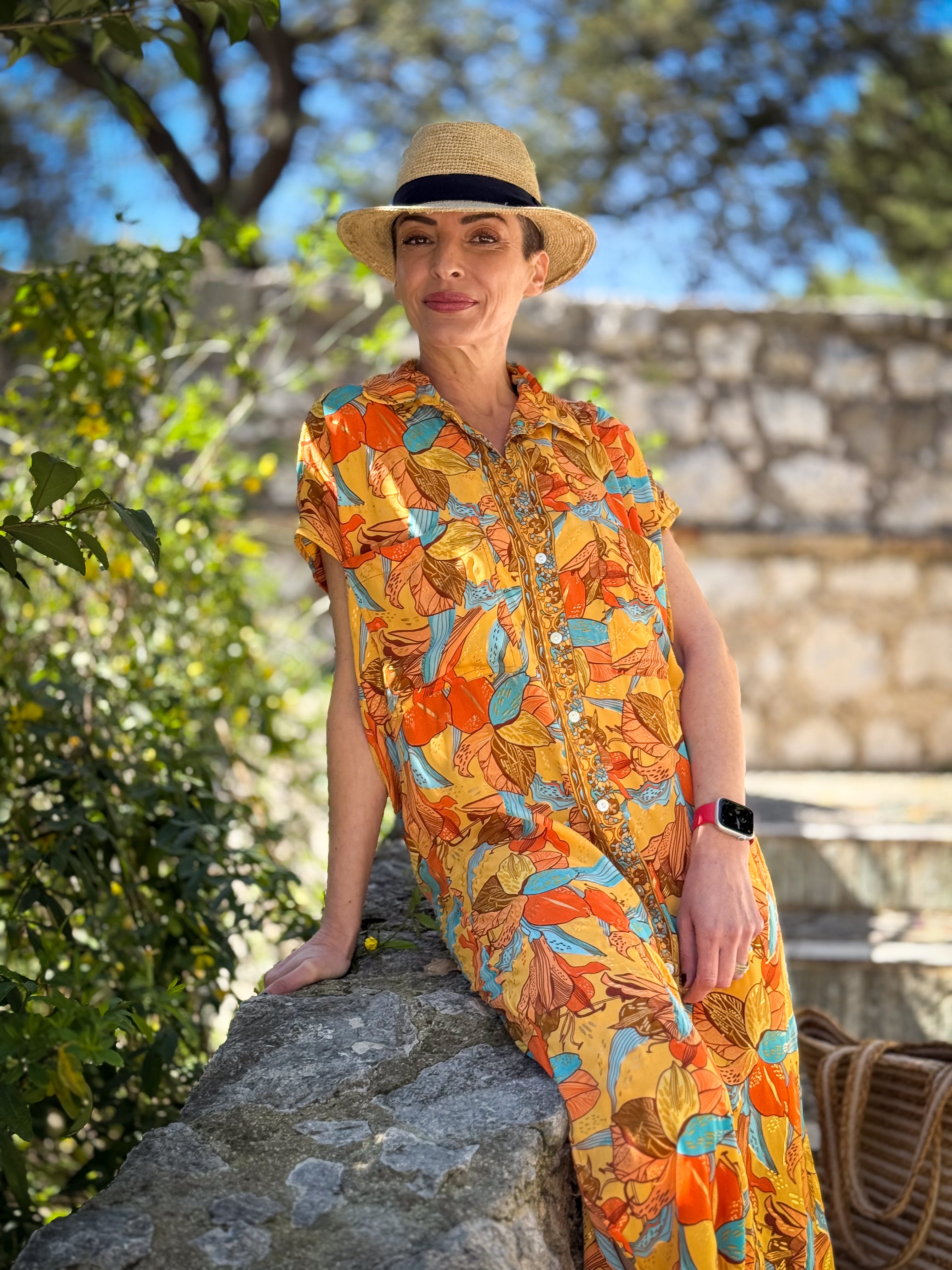 Long silk shirt dress – Short sleeve shirt dress – Vintage-inspired shirt dress – Flowy summer dress in boho chic style
