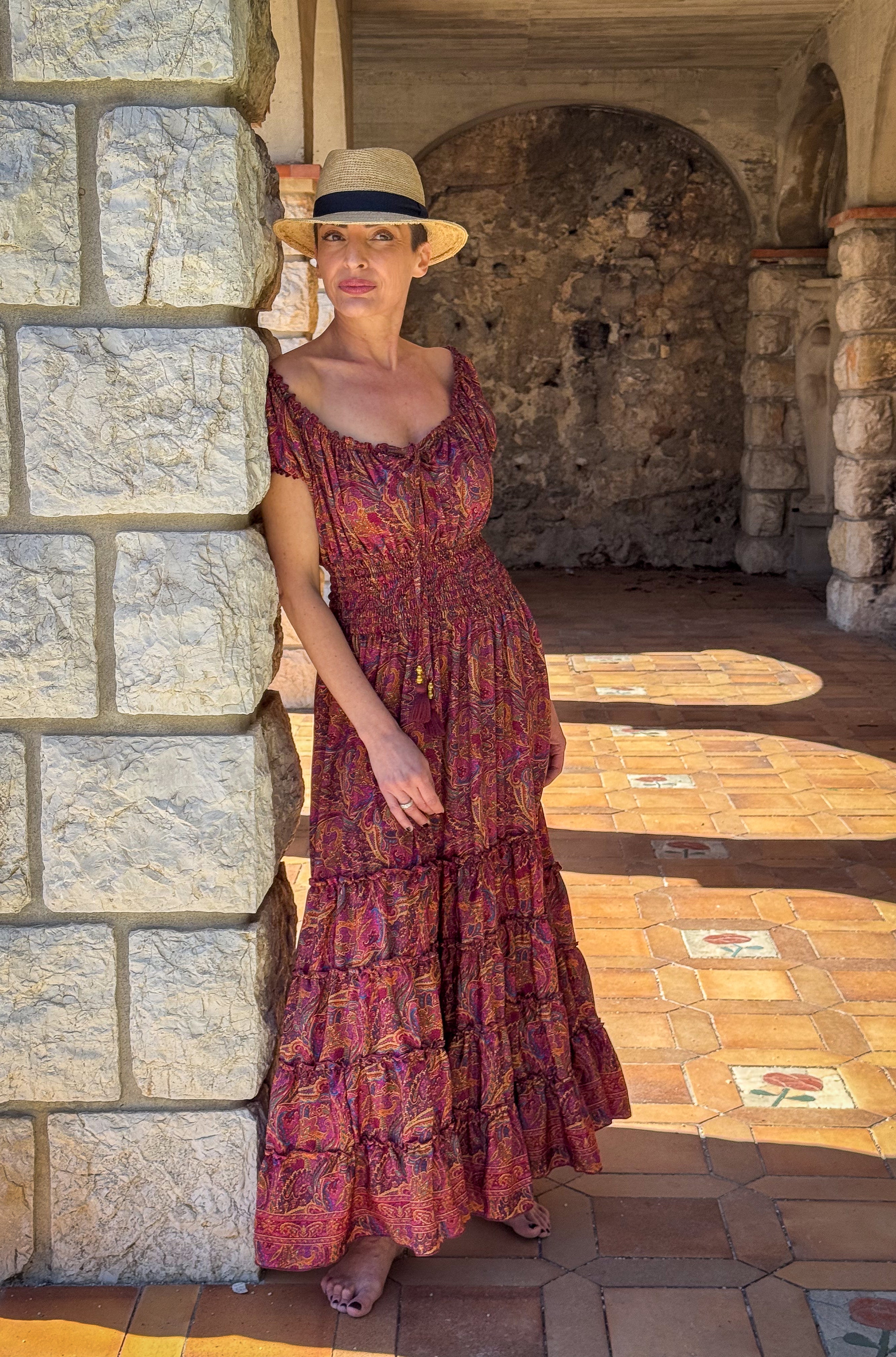 Robe longue bohème à volants /Robe épaules dénudées/ Robe en soie vintage / Robe longue gypsy/ Robe longue col bardot
