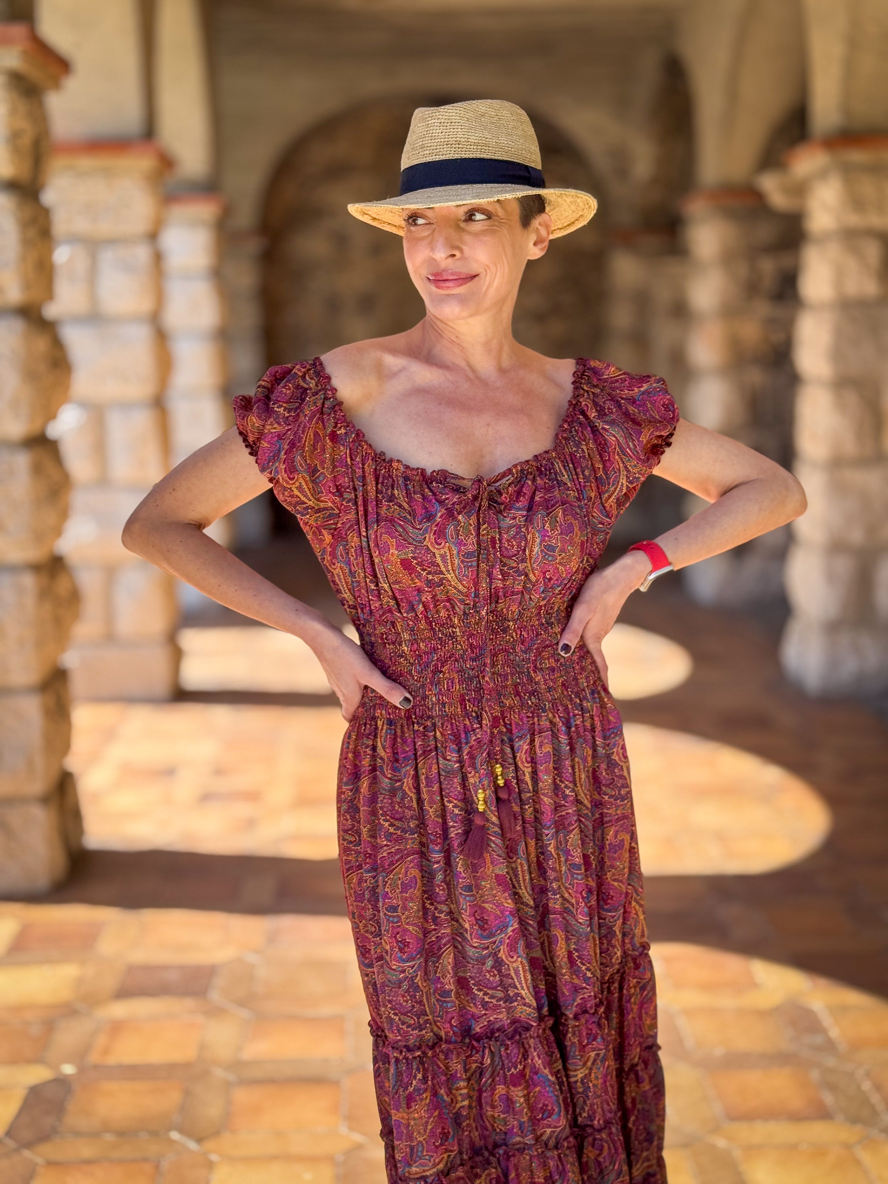 Robe longue bohème à volants /Robe épaules dénudées/ Robe en soie vintage / Robe longue gypsy/ Robe longue col bardot