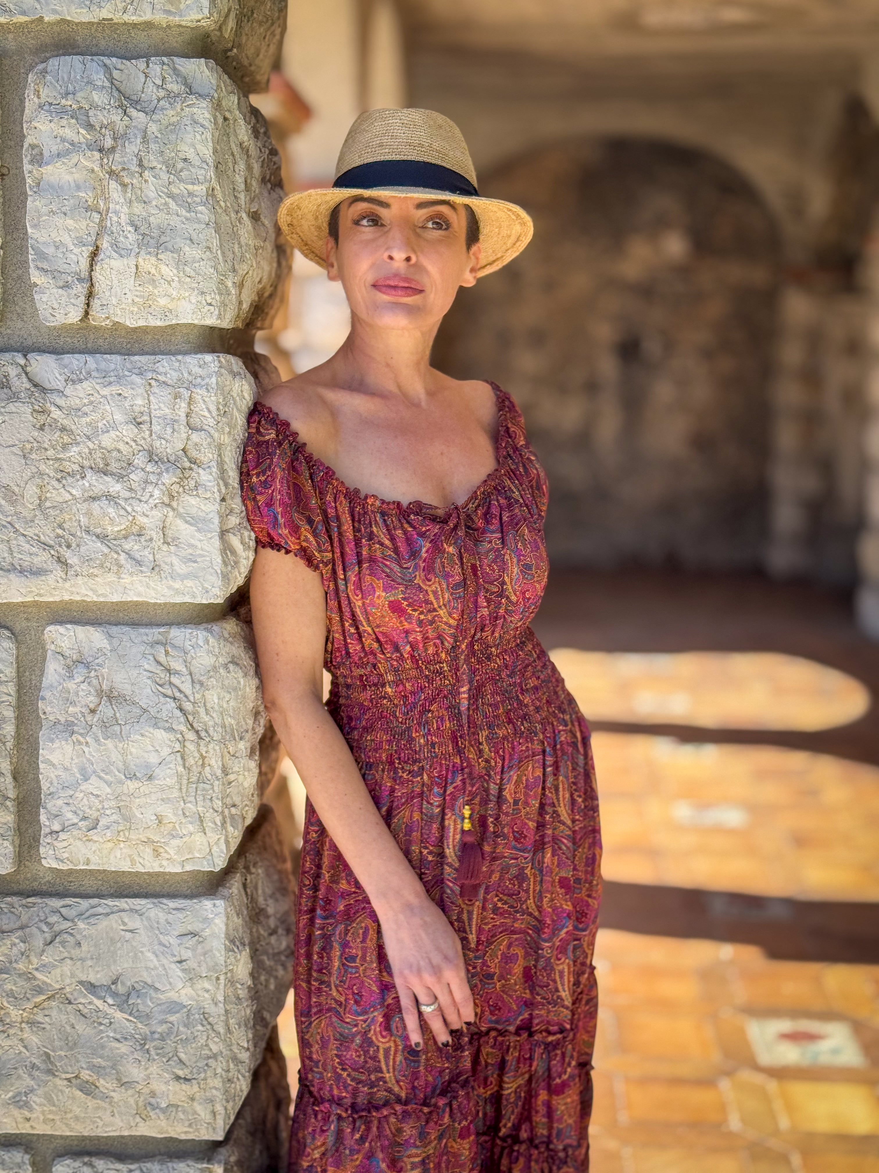 Robe longue bohème à volants /Robe épaules dénudées/ Robe en soie vintage / Robe longue gypsy/ Robe longue col bardot
