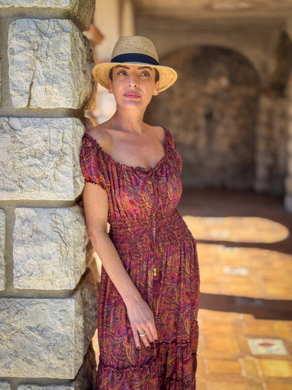 Robe longue bohème à volants /Robe épaules dénudées/ Robe en soie vintage / Robe longue gypsy/ Robe longue col bardot