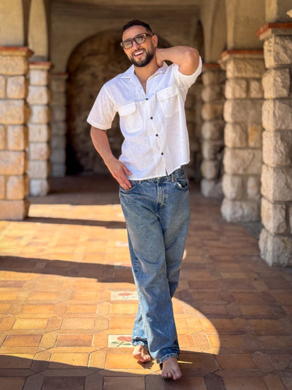 Men’s Vintage White Linen Shirt – Cuban Collar, Coconut Buttons & Timeless Style – Gift for Him
