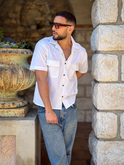 Men’s Vintage White Linen Shirt – Cuban Collar, Coconut Buttons & Timeless Style – Gift for Him