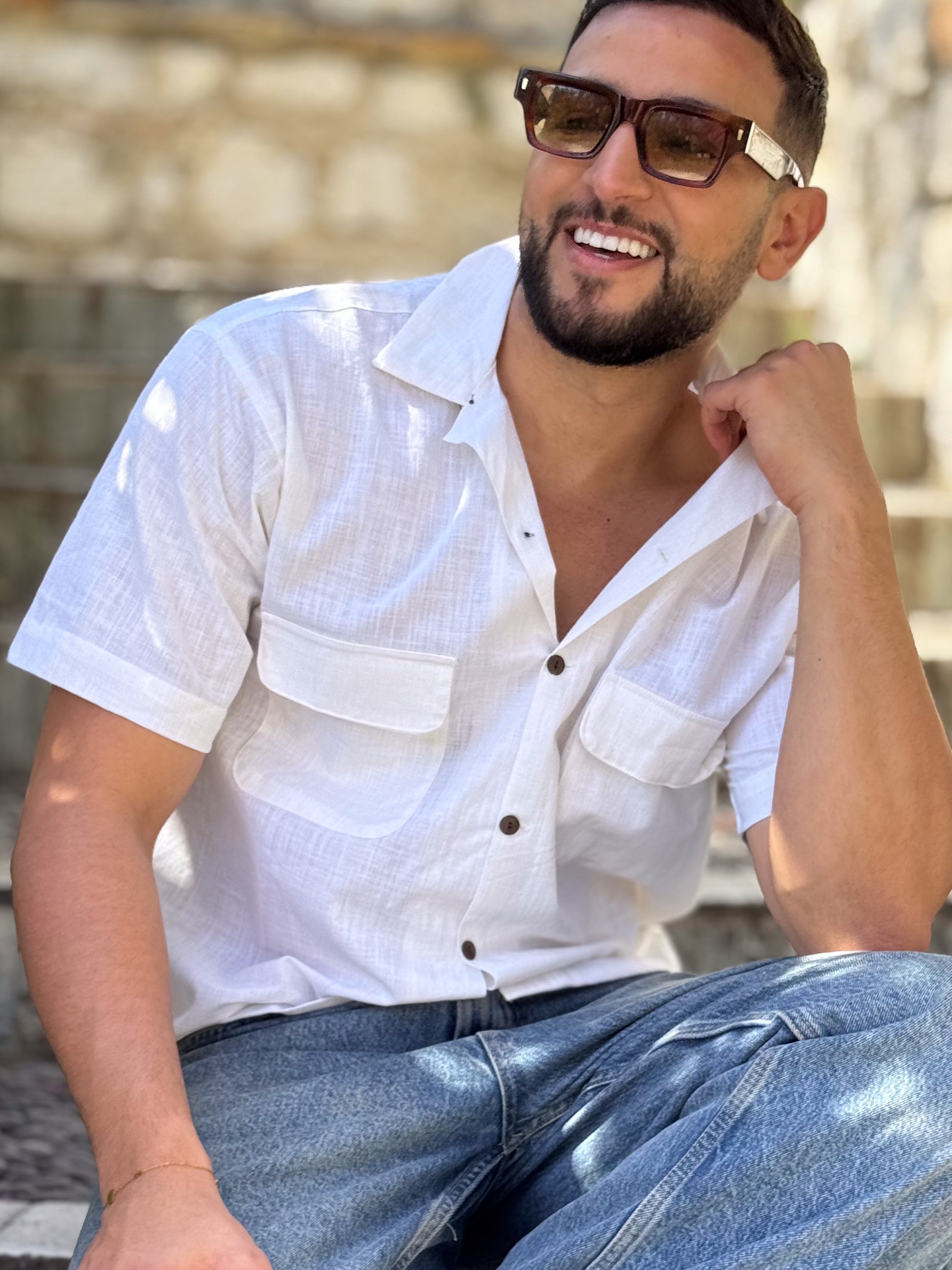 Men’s Vintage White Linen Shirt – Cuban Collar, Coconut Buttons & Timeless Style – Gift for Him