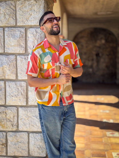 Men’s Vintage short sleeves Shirt – Cuban Collar, Coconut Buttons & Retro Charm – Gift for Him