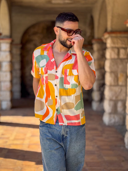 Men’s Vintage short sleeves Shirt – Cuban Collar, Coconut Buttons & Retro Charm – Gift for Him