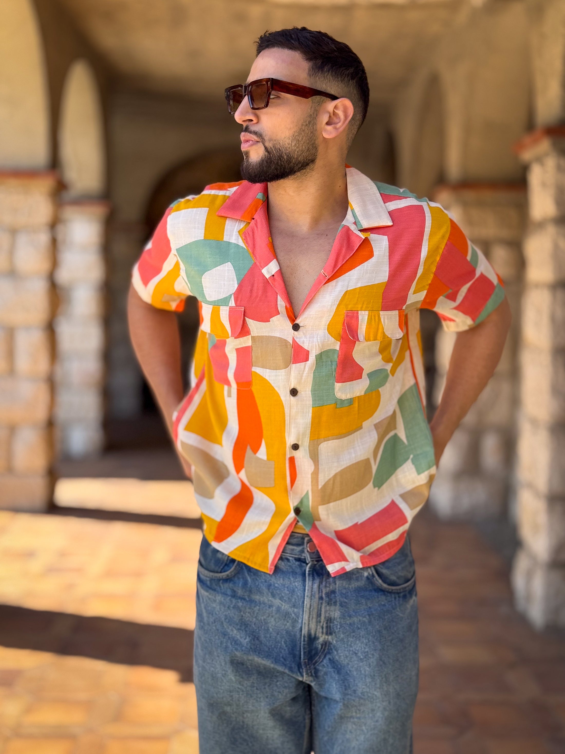 Men’s Vintage short sleeves Shirt – Cuban Collar, Coconut Buttons & Retro Charm – Gift for Him
