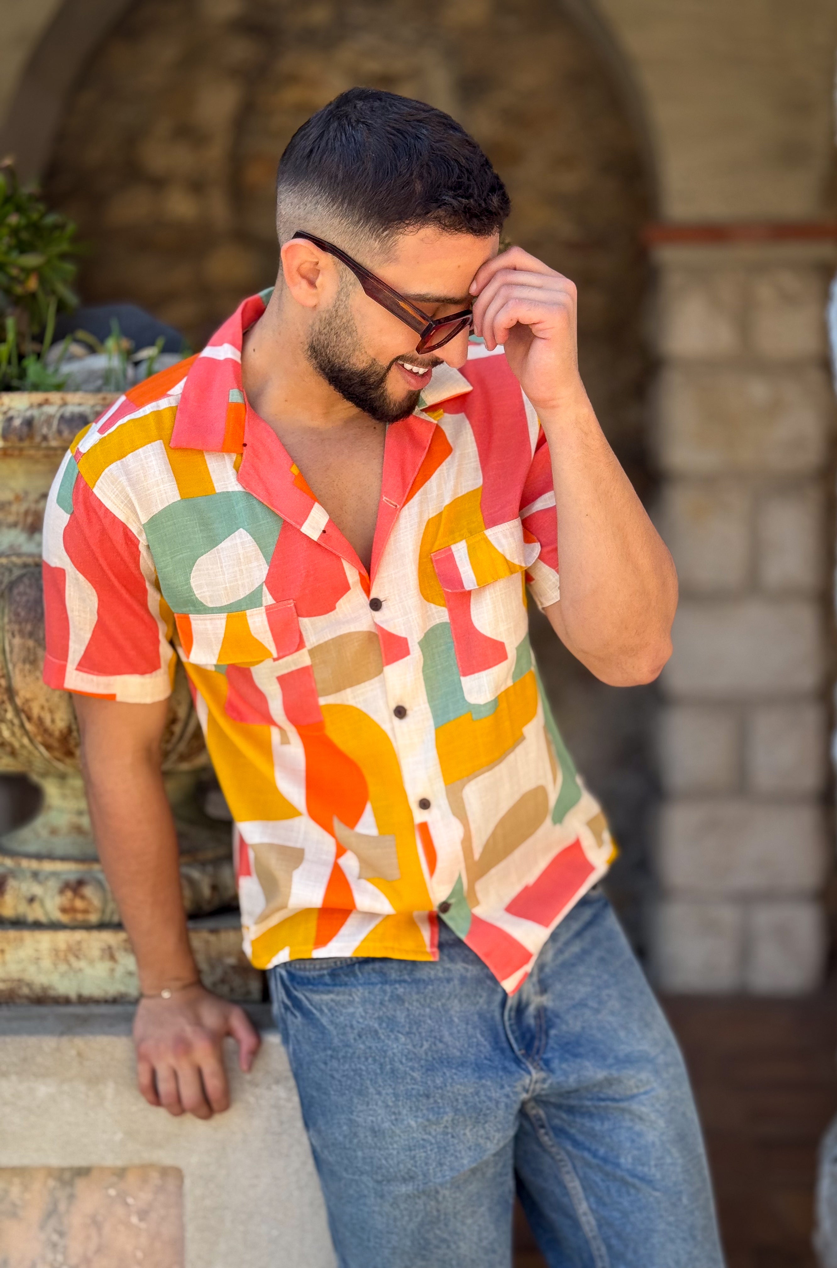 Men’s Vintage short sleeves Shirt – Cuban Collar, Coconut Buttons & Retro Charm – Gift for Him
