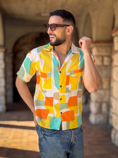 Men’s Vintage short sleeves Shirt – Cuban Collar, Coconut Buttons & Retro Charm – Gift for Him