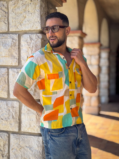 Men’s Vintage short sleeves Shirt – Cuban Collar, Coconut Buttons & Retro Charm – Gift for Him