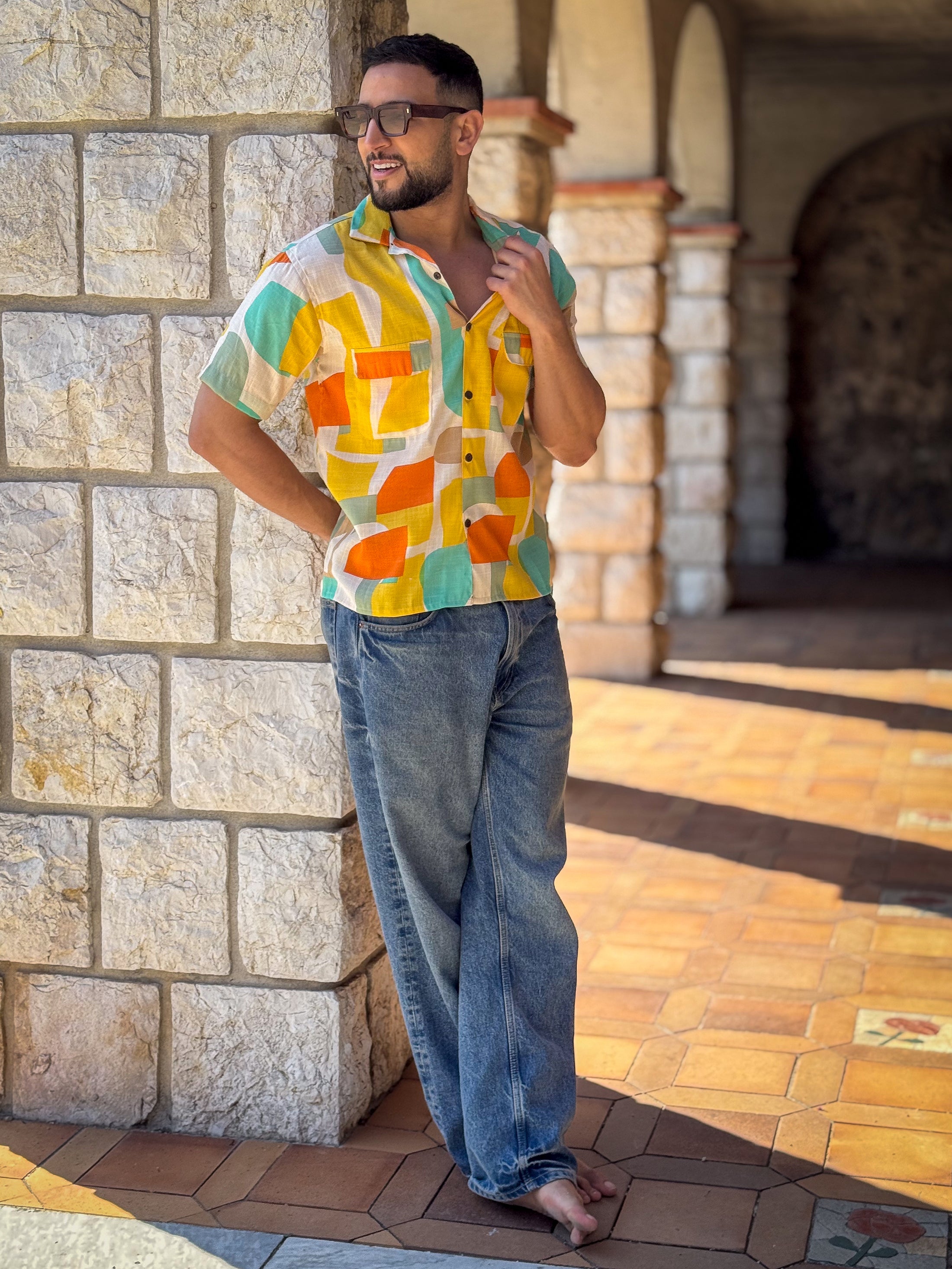 Men’s Vintage short sleeves Shirt – Cuban Collar, Coconut Buttons & Retro Charm – Gift for Him