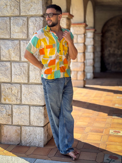 Men’s Vintage short sleeves Shirt – Cuban Collar, Coconut Buttons & Retro Charm – Gift for Him