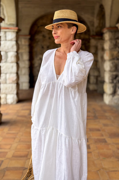 Boho Summer Maxi Dress in Linen – Loose Fit, Puff Sleeves