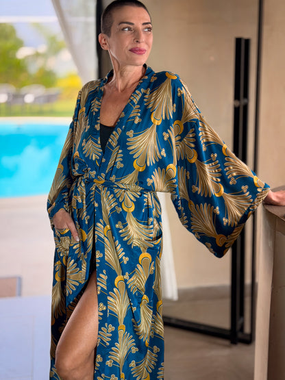 Kimono long en soie vintage  – robe d’intérieur ceinturée –  peignoir vintage en soie