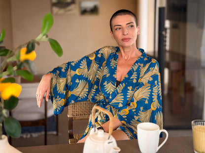 Kimono long en soie vintage  – robe d’intérieur ceinturée –  peignoir vintage en soie