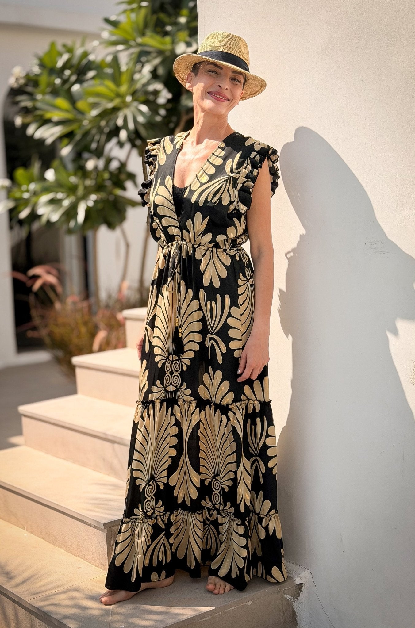 Boho long silk dress – open back, V-neck, fluid fit