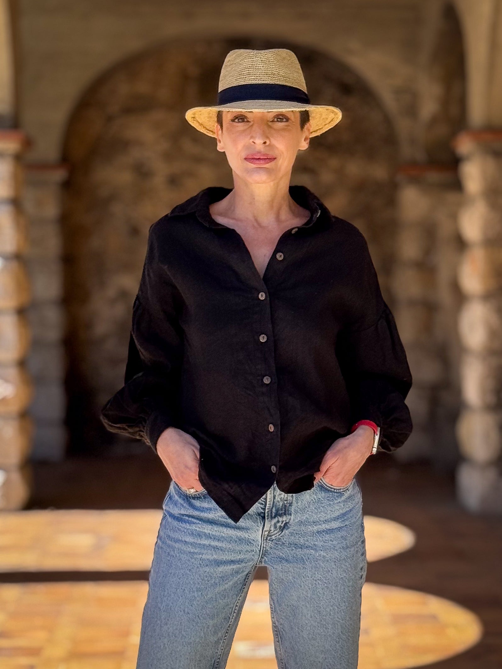 Loose-fit 100% Linen Blouse with Balloon Sleeves - Button-up Shirt - Buttoned Blouse - Long-Sleeve Shirt - Vintage Blouse