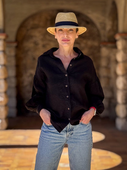 Loose-fit 100% Linen Blouse with Balloon Sleeves - Button-up Shirt - Buttoned Blouse - Long-Sleeve Shirt - Vintage Blouse