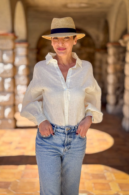 Loose-fit 100% Linen Blouse with Balloon Sleeves - Button-up Shirt - Buttoned Blouse - Long-Sleeve Shirt - Vintage Blouse