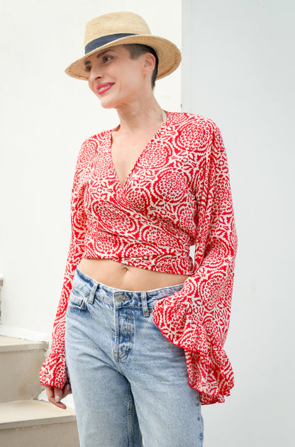 Bohemian Wrap Tie Top in Silk – Bell Sleeves