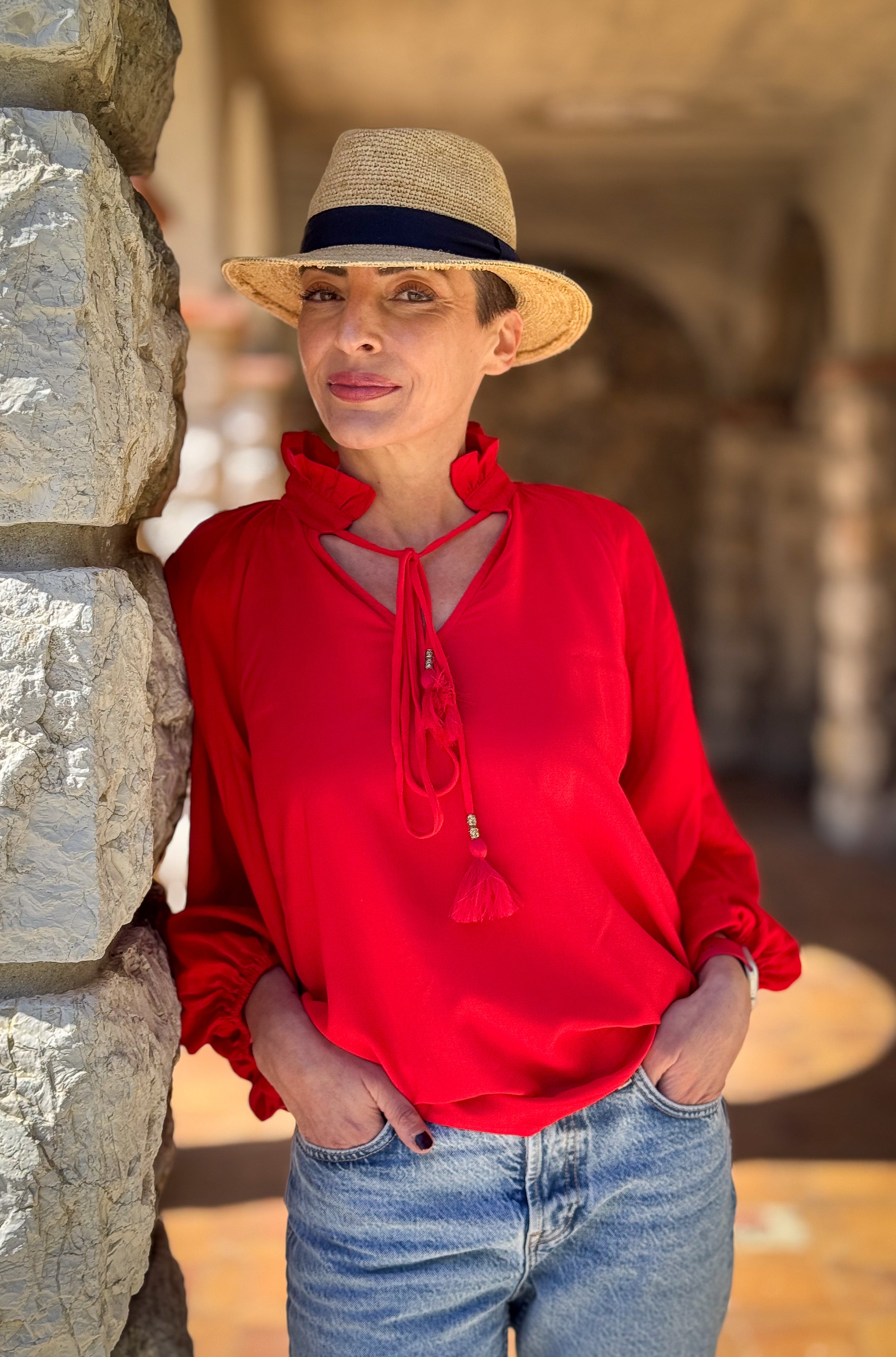 Blouse style victorien  – Col montant froncé – Manches ballon mi-longues – Blouse vintage bohème - Chemisier manches longues