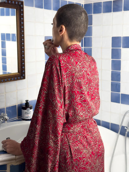 Long silk kimono, bohemian house dress, vintage kimono with belt, Christmas gift, gifts for her