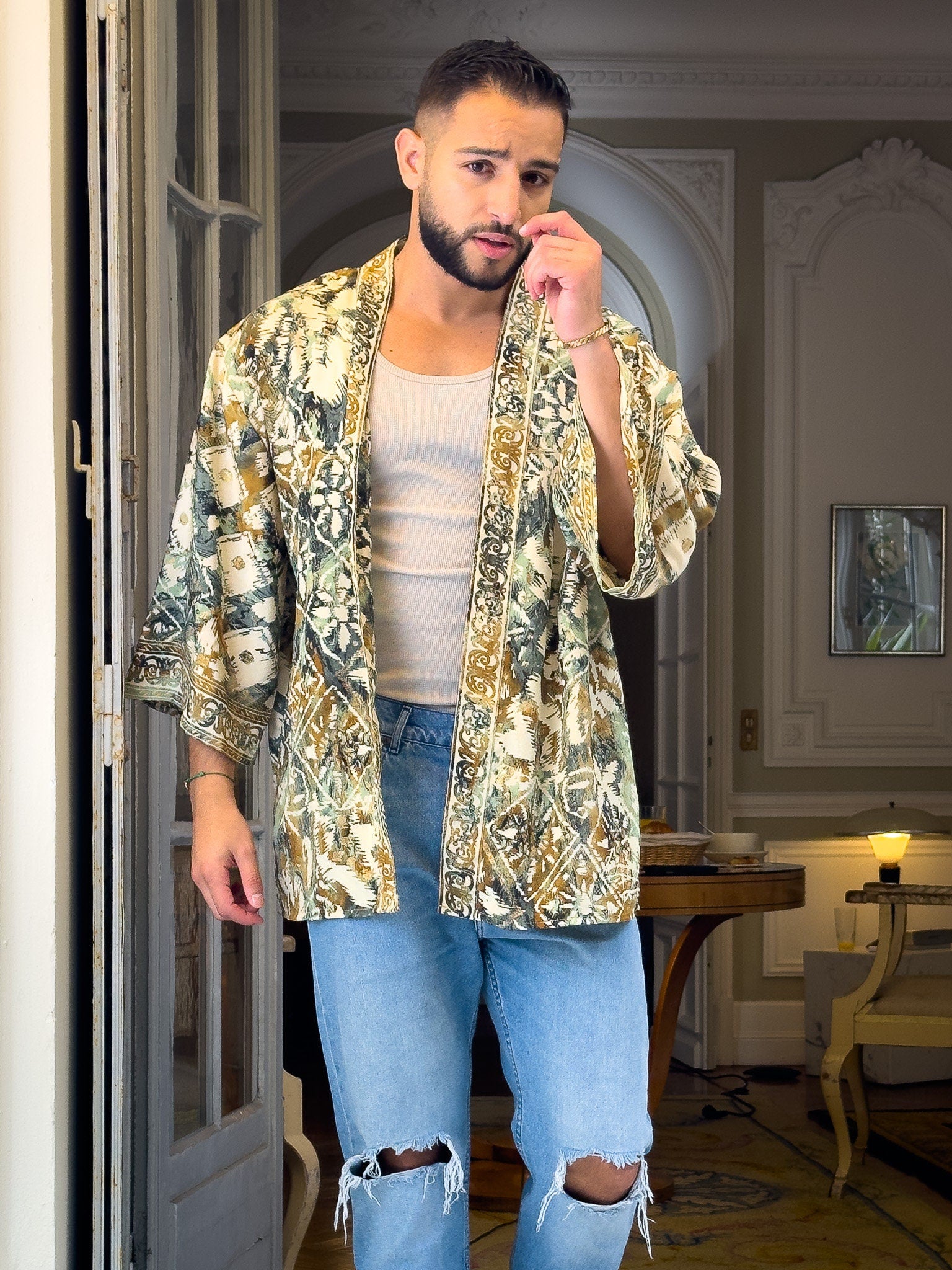 Veste kimono homme, veste cardigan, kimono en soie, kimono court, cadeau pour lui, cadeau de Noël