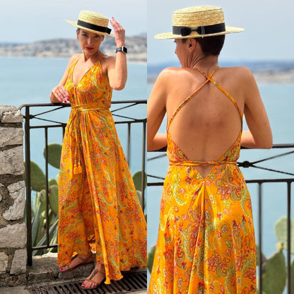 Silk backless dress / summer dress / one size / boho dress / Light dress / vintage dress
