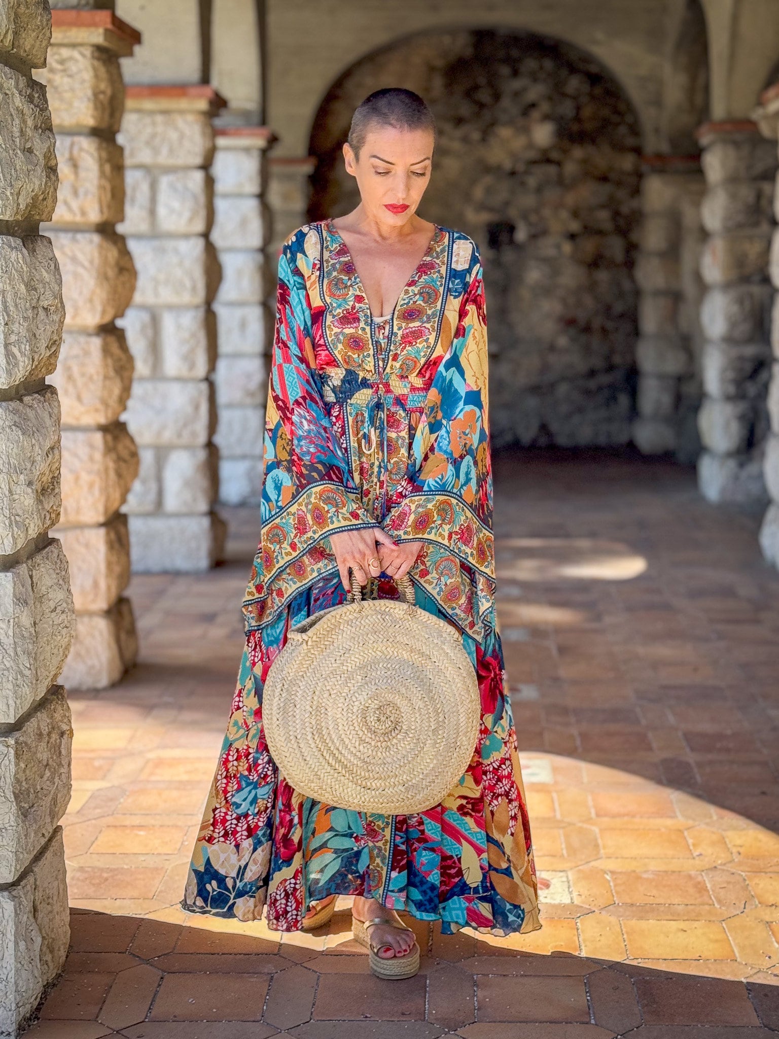 Robe longue boho en soie, robe vintage en soie, robe décolleté, robe smockée, robe gypsy bohème, robe manches évasées, robe d'été