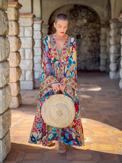 Robe longue boho en soie, robe vintage en soie, robe décolleté, robe smockée, robe gypsy bohème, robe manches évasées, robe d'été