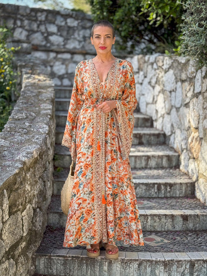 Robe longue boho en soie, robe vintage en soie, robe décolleté, robe smockée, robe gypsy bohème, robe manches évasées, robe d'été