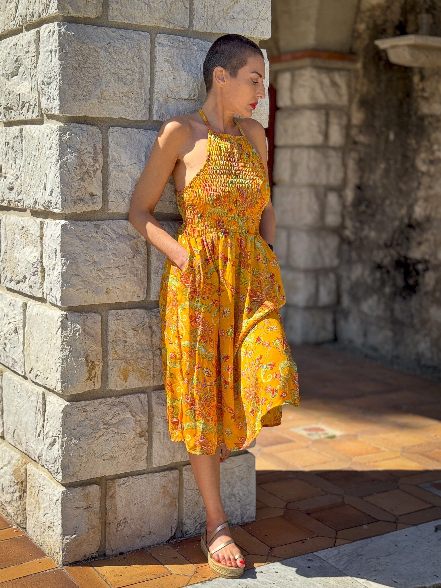 Silk backless dress / Silk smocked dress / Vintage mid-length dress / midi dress / summer dress / light dress