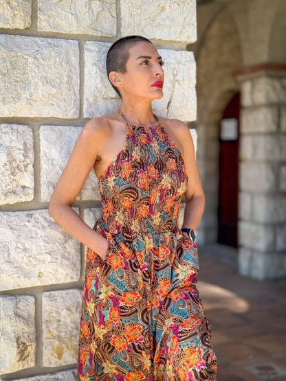 Silk backless dress / Silk smocked dress / Vintage mid-length dress / midi dress / summer dress / light dress