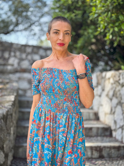 Bohemian silk dress / Silk smocked dress / Off the shoulder dress / summer dress / short sleeve dress
