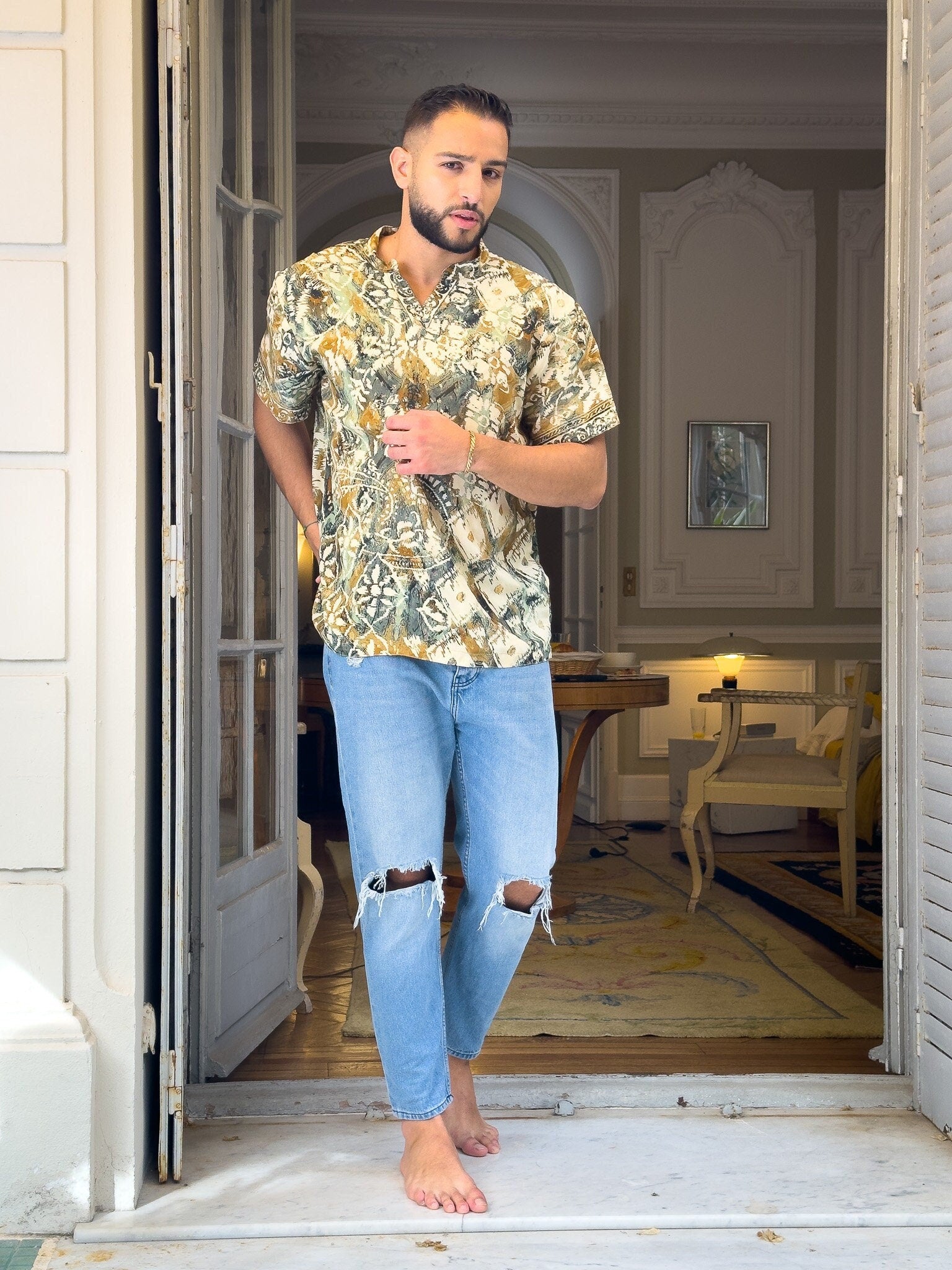 T-shirt Col Mao / T-shirt homme en soie / T-shirt col V / T-shirt ajusté en soie / vêtement pour homme / Cadeau pour lui