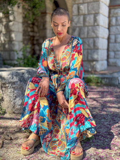 Robe longue boho en soie, robe vintage en soie, robe décolleté, robe smockée, robe gypsy bohème, robe manches évasées, robe d'été