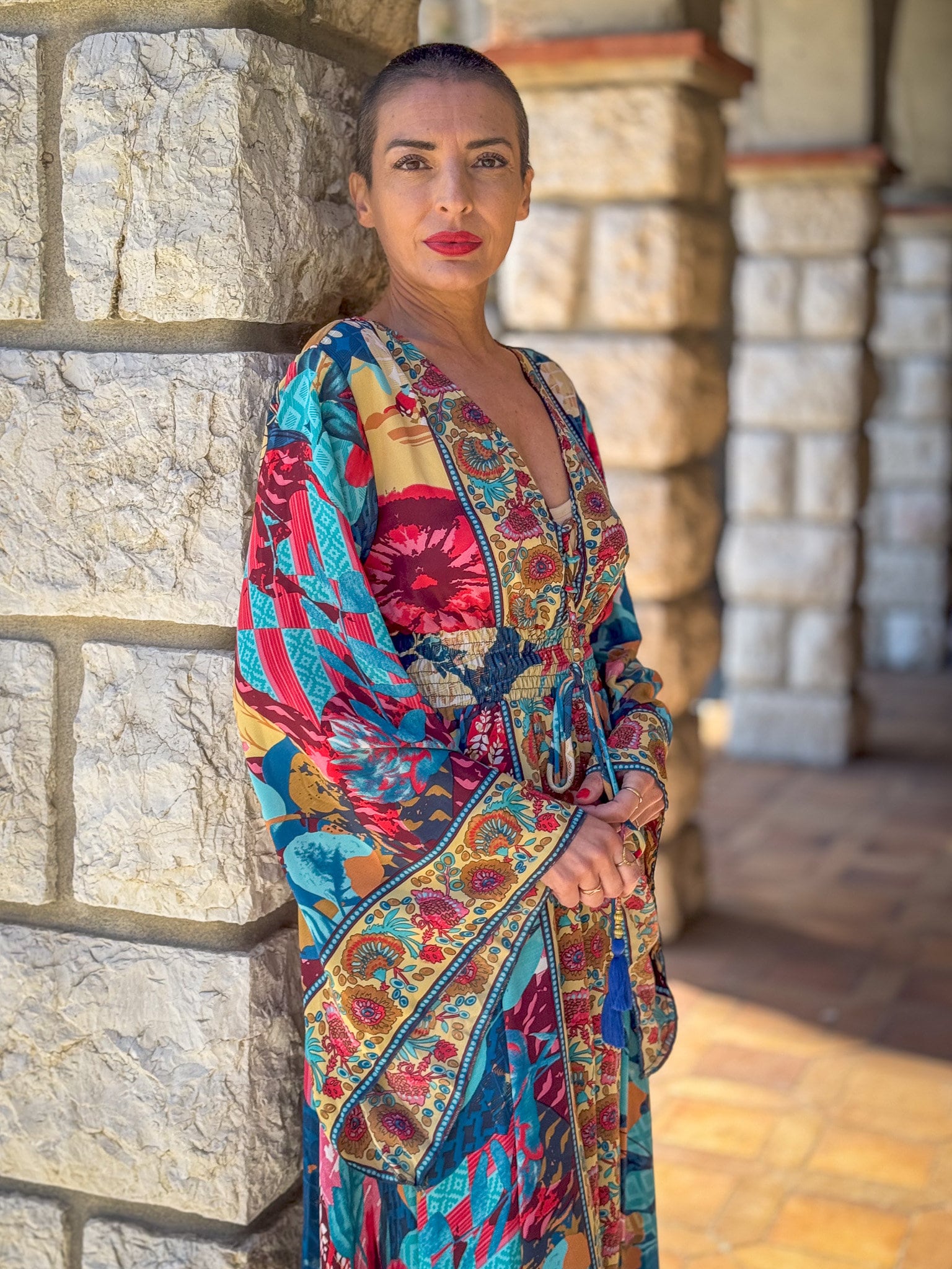 Robe longue boho en soie, robe vintage en soie, robe décolleté, robe smockée, robe gypsy bohème, robe manches évasées, robe d'été