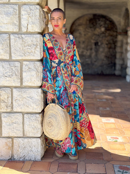 Robe longue boho en soie, robe vintage en soie, robe décolleté, robe smockée, robe gypsy bohème, robe manches évasées, robe d'été